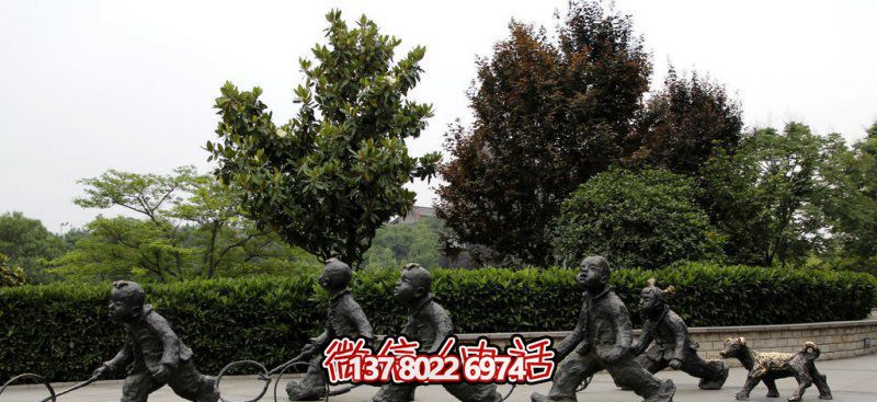 推鐵環，兒童奔跑，公園雕塑銅雕