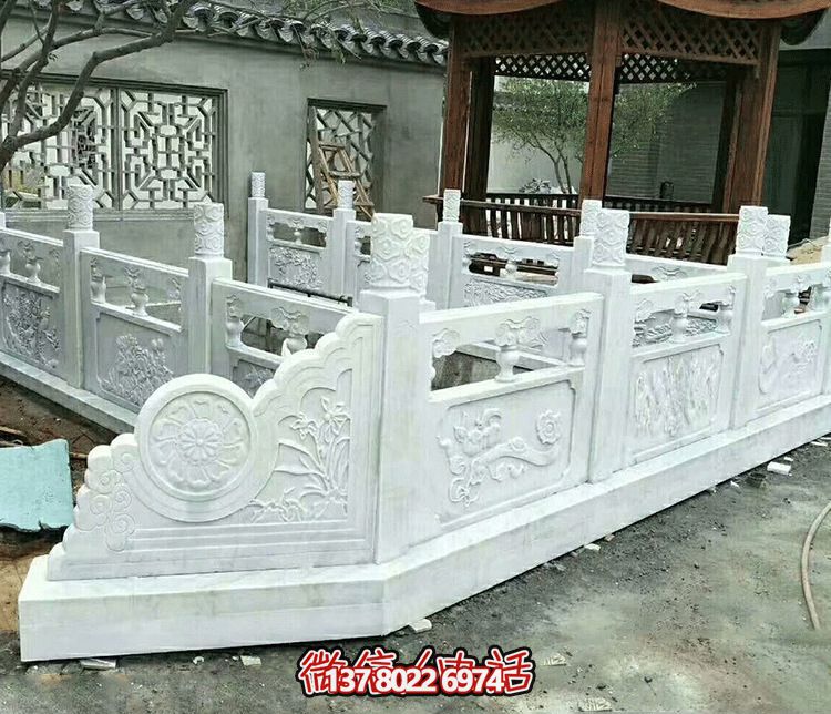 唯美古典庭院，池塘裝飾雕塑，漢白玉欄桿