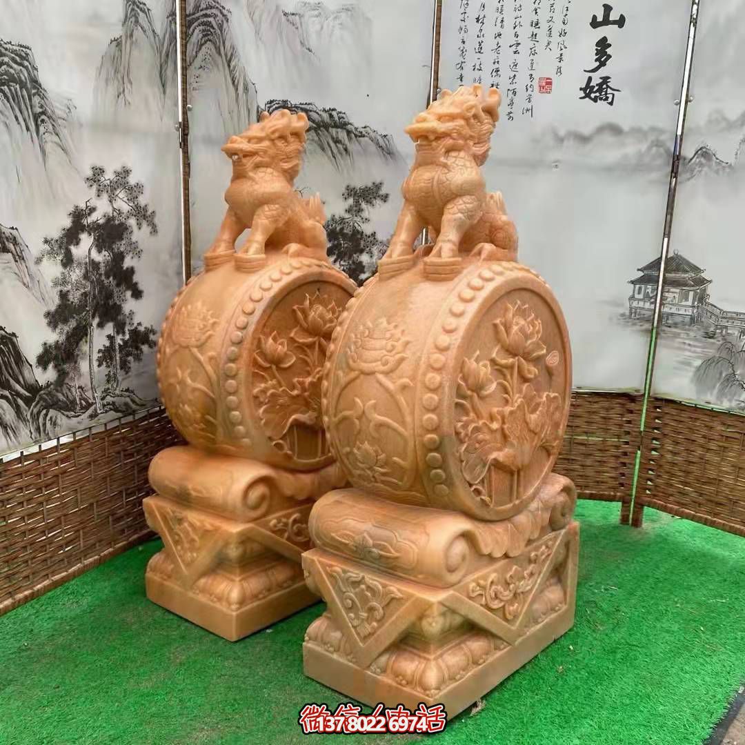 麒麟抱鼓石，晚霞紅荷花門墩